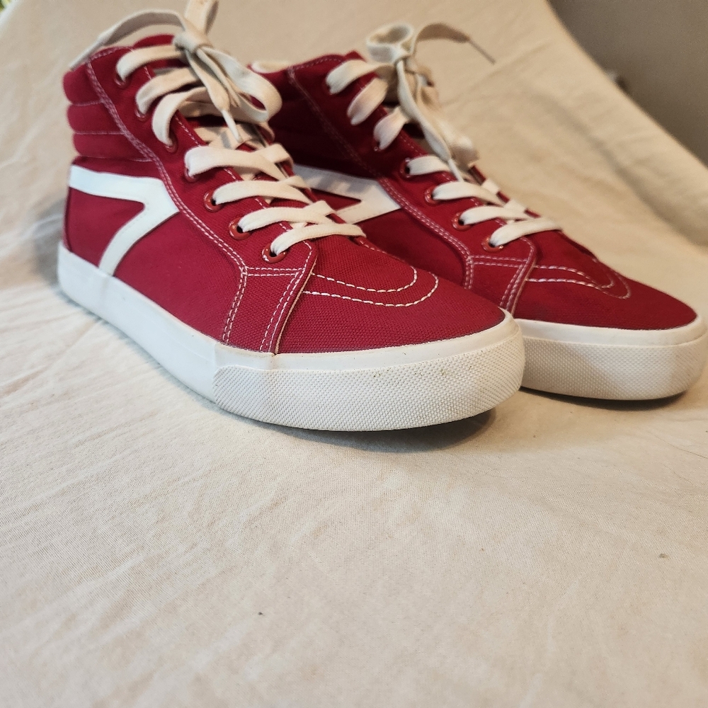 Women's Size 11 Red High-Top Sneakers with White Accents.